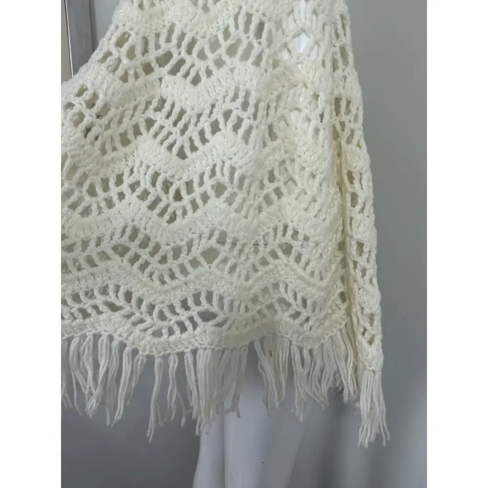 Handmade Crocheted Shawl Sweater Wrap Cape Coverup Ivory Cream Fringe Boho OS